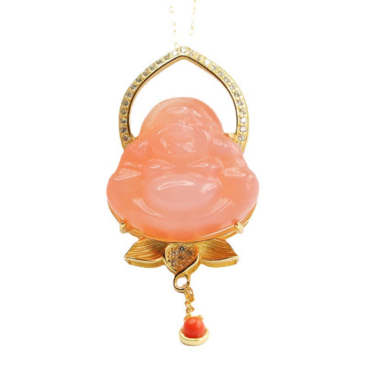 Sterling Silver Buddha Pendant with Agate Gemstone and Zircon Tassel Necklace