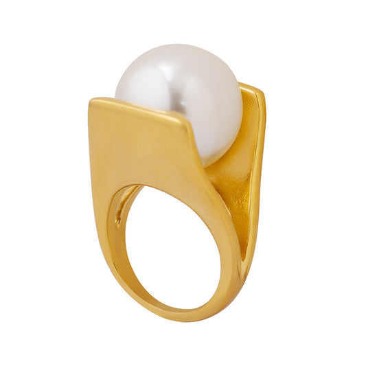 Exaggerated Personality 18k Gold Plated Ring with Y-Shaped Imitation Pearl