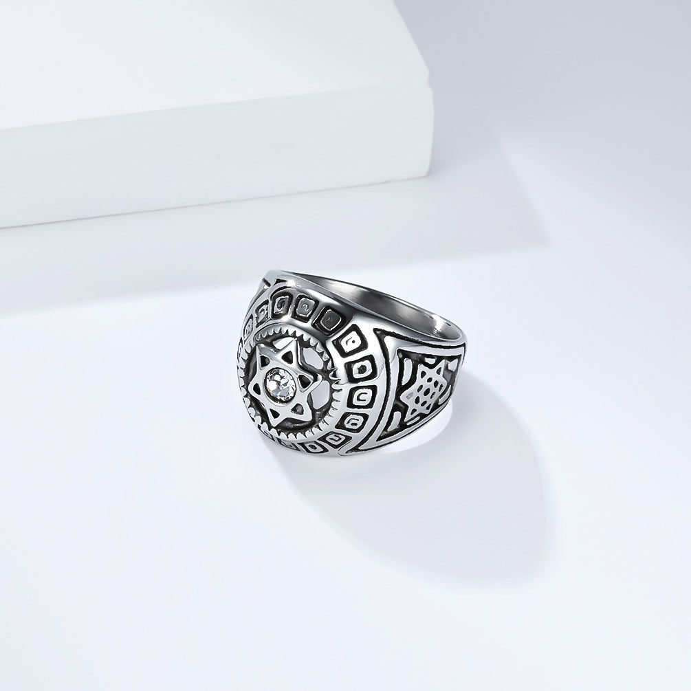 Planderful Everyday Genie Hexagram Davids Star Zircon Ring For Men Unisex Titanium Steel Statement Jewelry