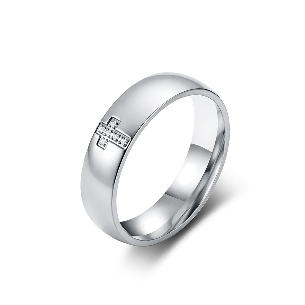 Stainless Steel Gold-Plated Zircon Cross Ring Unisex Couple Wedding