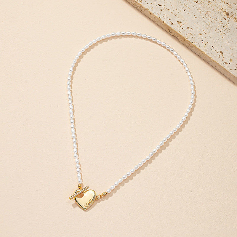 Elegant Pearl Heart Letter Necklace with OT Buckle for Women