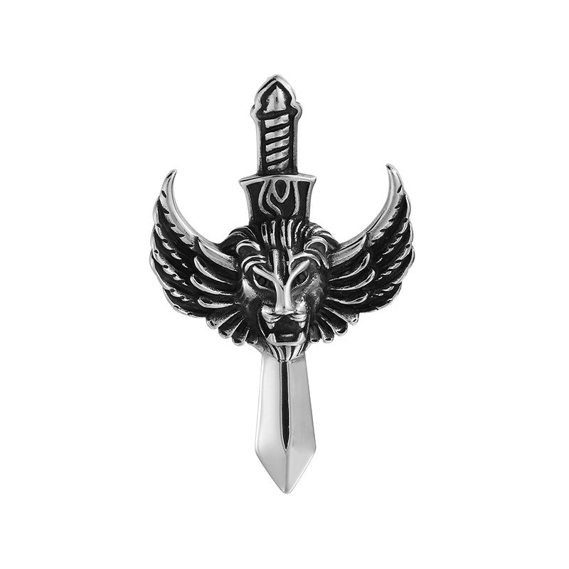 Flying Wings Pendant, Gothic Lion Head Rose Cross Wings Titanium Steel Men's Pendant Necklace