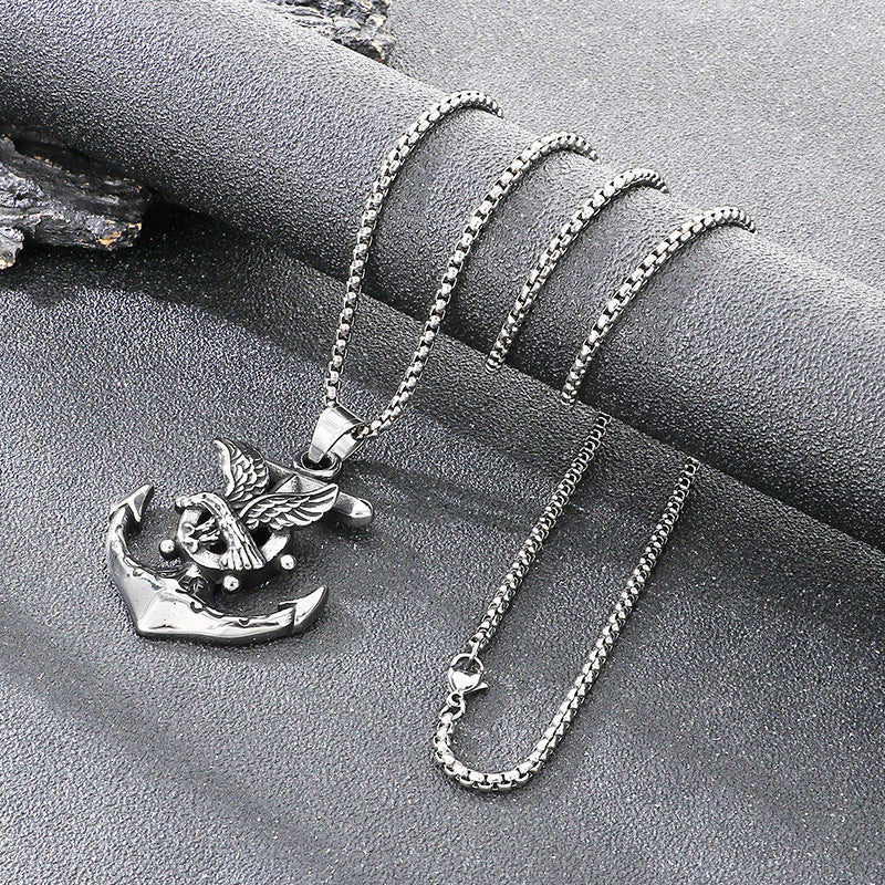 Dark Retro Nautical Rudder Pendant, Punk Retro Cross Skull Head Anchor Titanium Steel Necklace
