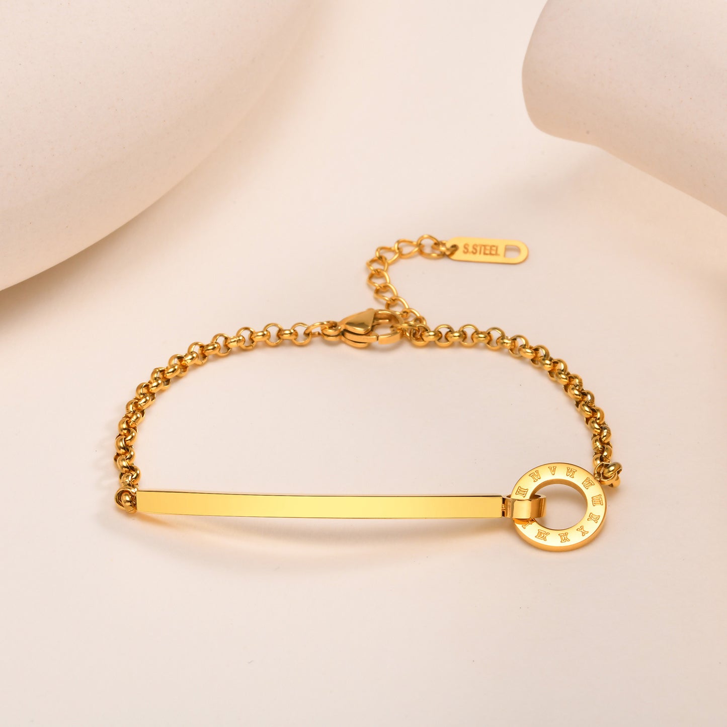 Ladies Stainless Steel Pearl Chain Roman Numeral Ring Bracelet Gold Jewelry