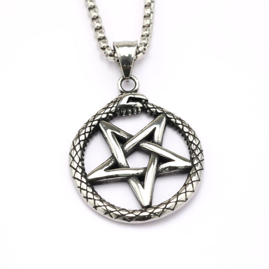 Planderful Stainless Steel Mens Pendant Retro European American Snake Pentagram Statement Necklace For Men