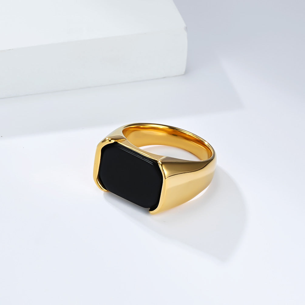 Planderful Glossy Black Gemstone Titanium Steel Ring For Everyday Wear Unisex Bold Minimal Jewelry Sizes 8 To 13