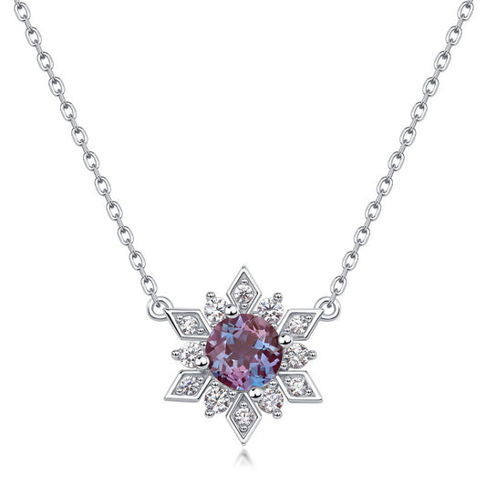 Synthetic Alexandrite Stone Snowflake Pendant Zircon Sterling Silver Necklace