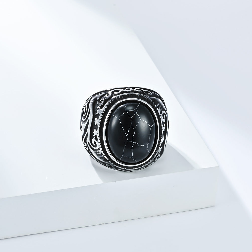 Planderful Mens Titanium Steel Ring With Tiger Eye Gem Retro Engraved Bold Statement Jewelry