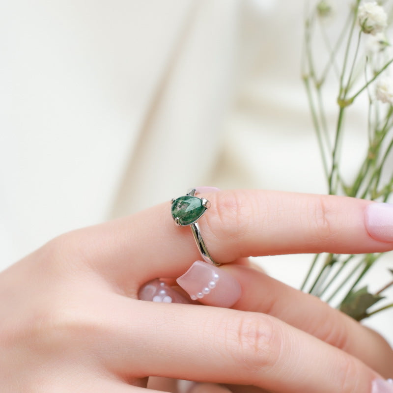Planderful Jewelry Sterling Silver Agate Ring Pear Shape Green Moss Stone Geometric Design Everyday