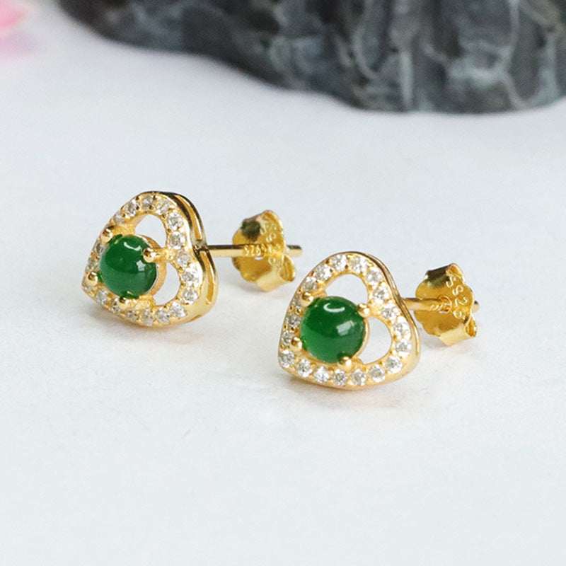 Icy Green Jadeite Heart 925 Silver Stud Earrings