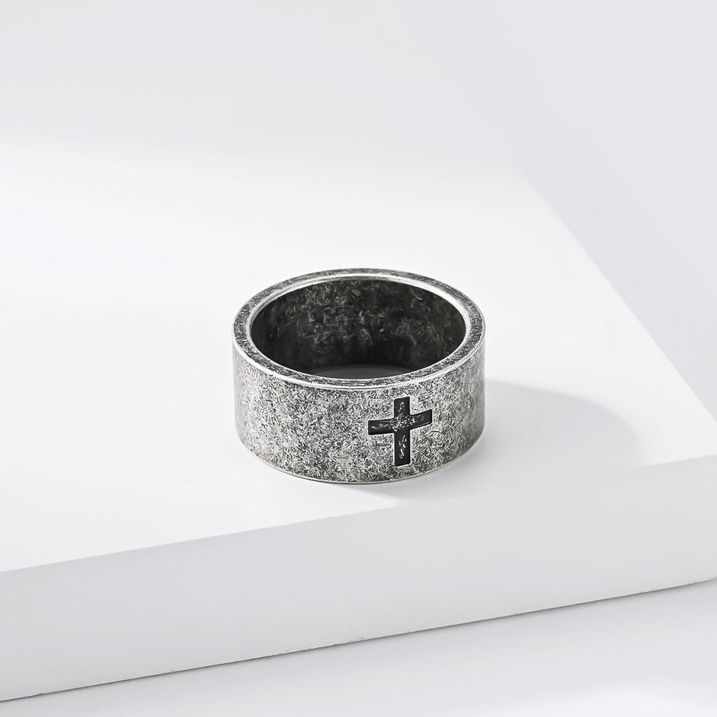Matte Flat Stainless Steel Cross Ring Men's Cold Cross