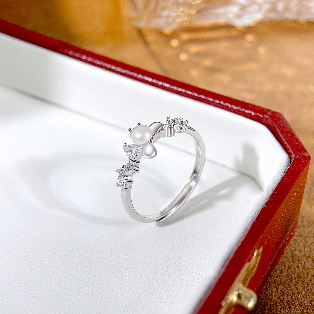 S925 Sterling Silver Freshwater Pearl Butterfly Ring — Adjustable