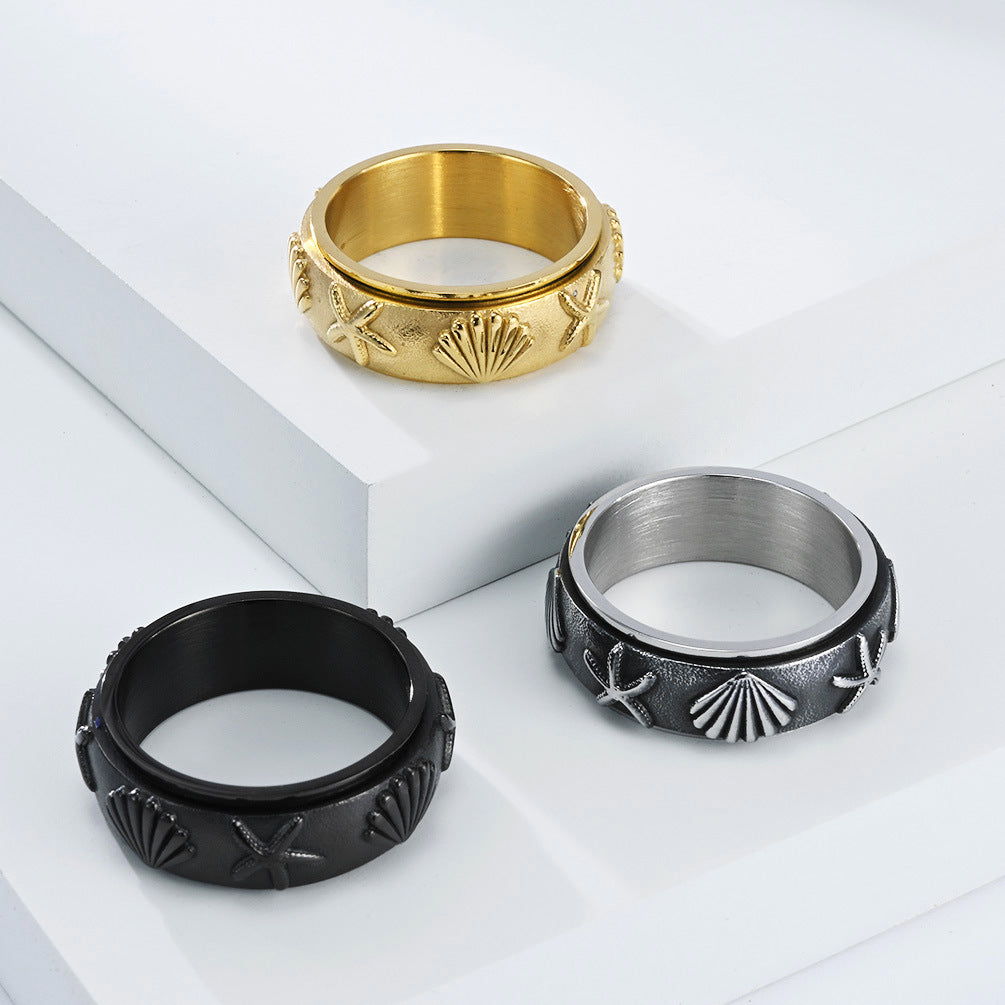 Planderful Rotating Ring Ocean Wind Sea Shell Starfish Titanium Steel Anxiety Relief Unisex