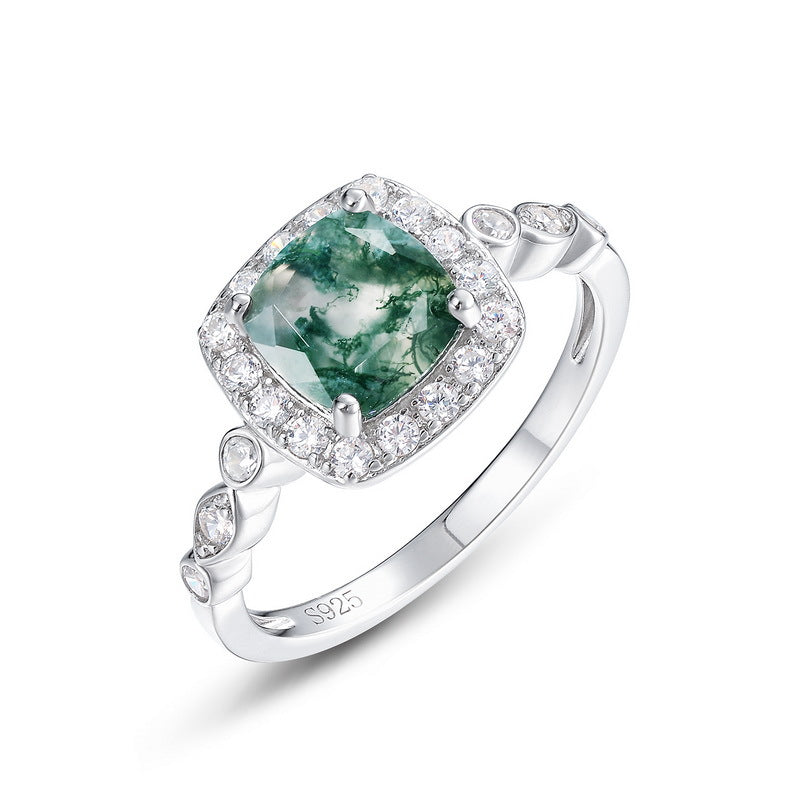 S925 Sterling Silver Moss Agate Pavé Ring