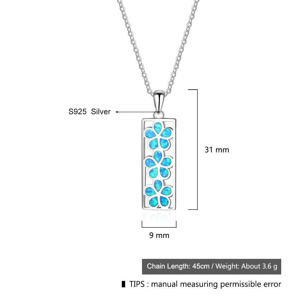 Planderful Jewelry Blue Opal Flower Hollow Rectangle Pendant Necklace In Sterling Silver For Everyday Luxury