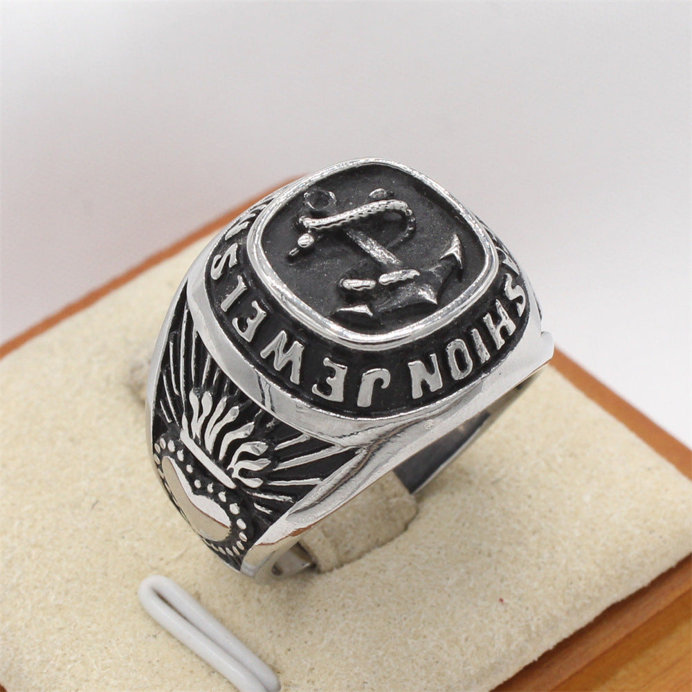 Planderful Everyday Genie Men's Titanium Steel Ring – Retro Boat Anchor Design for European and American Style
