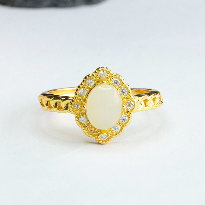 Elegant Diamond-shaped Natural Hotan Jade Ring with Zircon Halo Chain
