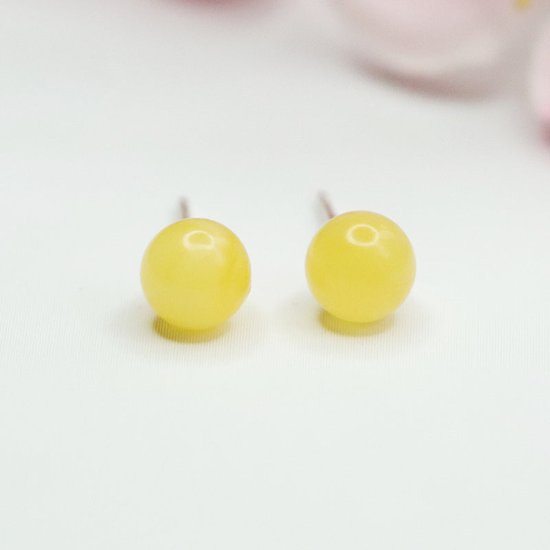 Beeswax Amber Round Bead Stud Earrings