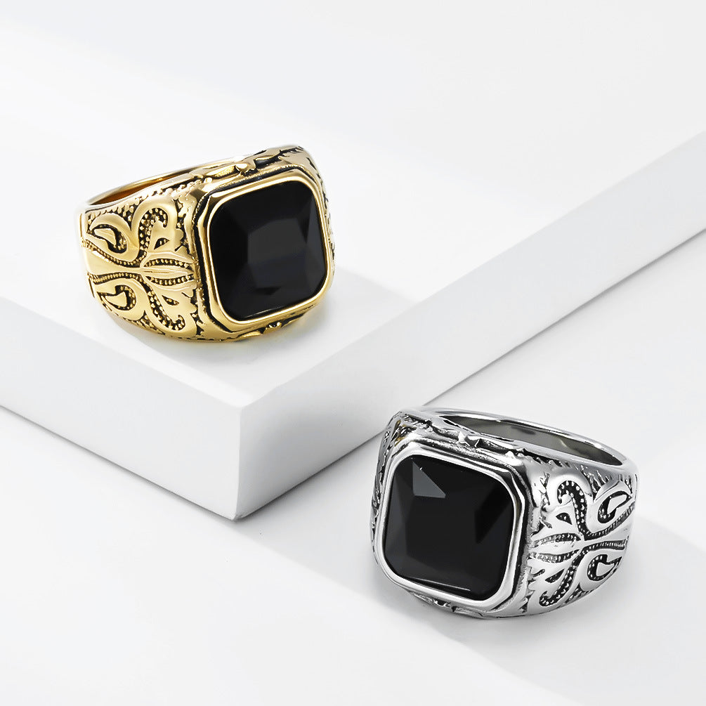 Stainless Steel Gemstone Vintage Gold-Plated Ring