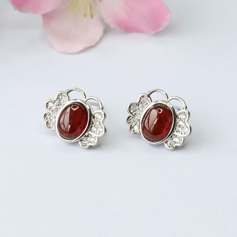 Orange-Red Garnet Butterfly 925 Silver Stud Earrings