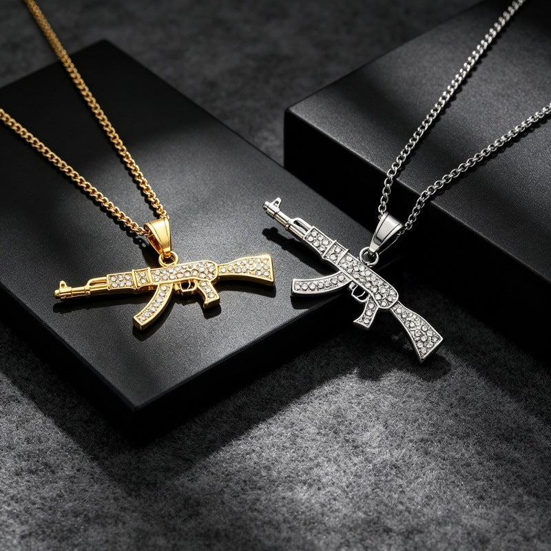 Hip Hop Street Hardcore Military Wind Submachine Gun Shape Pendant Punk Gi Stainless Necklace