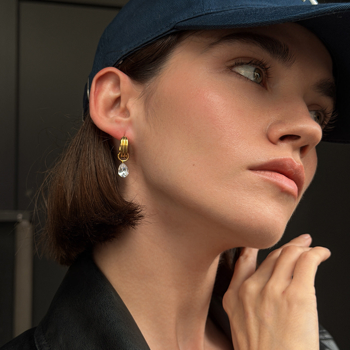 Planderful Gold Water Drop Zircon Vertical Texture Stainless Steel Statement Stud Earrings For Fashion Forward Women