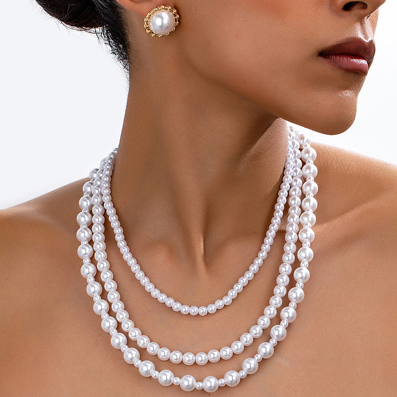 Elegant Pearl Stacking Necklace Earrings Set for Women