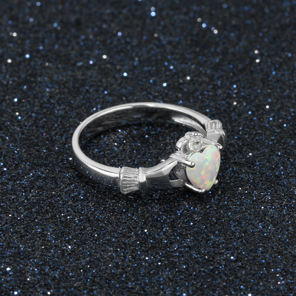 Planderful Jewelry Opal Ring Sterling Silver Ring, Hand Holding Love Design, Everyday Genie