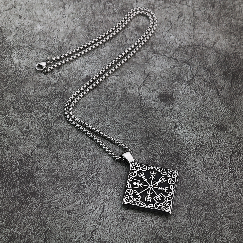 Viking Compass Rune Square Titanium Steel Pendant Necklace