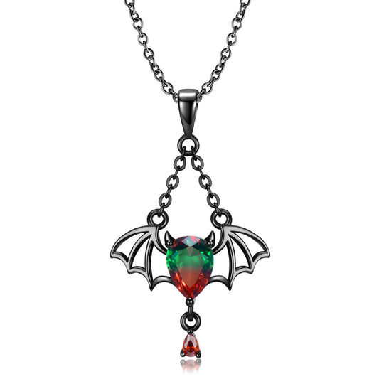 Halloween Black Evil Bat with Pear Shape Zircon Silver Necklace