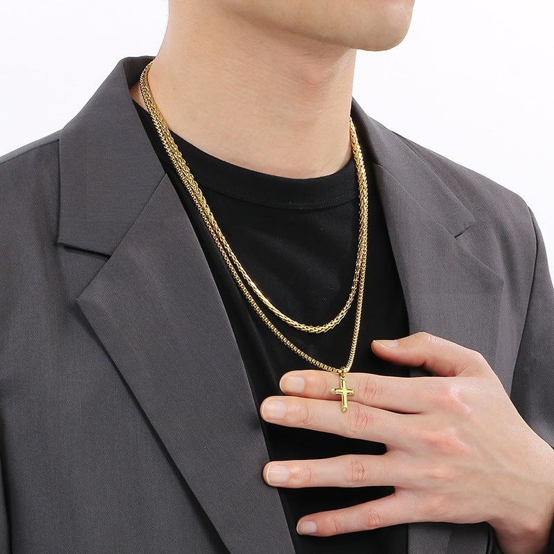Hip-Hop Trendy Men Stacked Cross Pendant Double-Layer Square Pearl Flower Basket Chain Titanium Necklace