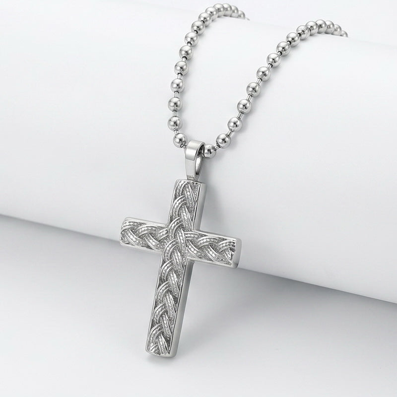 Hip Hop Stainless Steel Round Bead Chain Necklace Simple Twist Cross Pendant Square