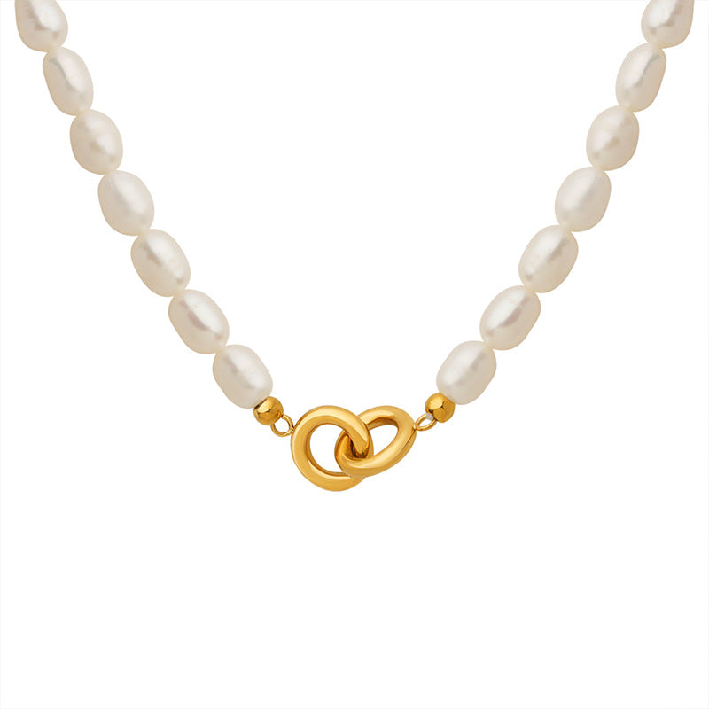 Elegant French Pearl Necklace with Titanium Steel Gold-Plated Double Loop Buckle