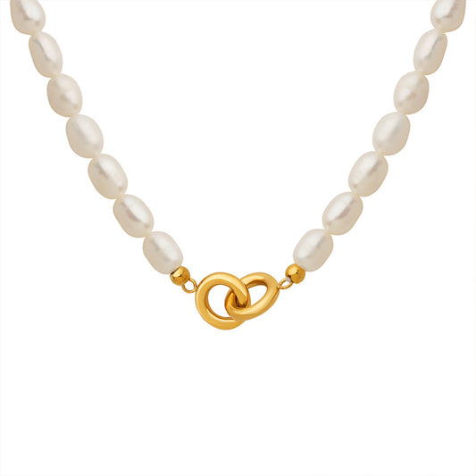 Elegant French Pearl Necklace with Titanium Steel Gold-Plated Double Loop Buckle