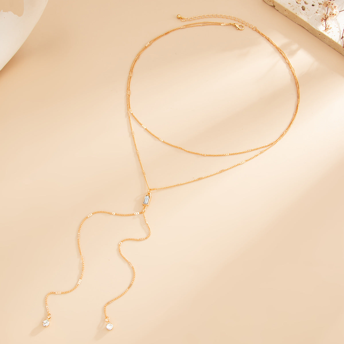 Square Zircon Y-Shaped Neck Chain Fringed Fine Chain Collarbone Necklace Round Bead