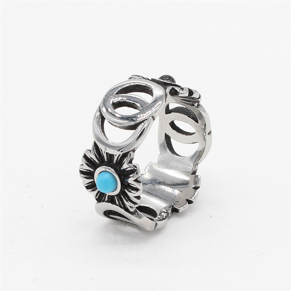 Planderful Everyday Genie European and American Retro Sunflower Men's Titanium Steel Ring – Personalized and Stylish Jewelry