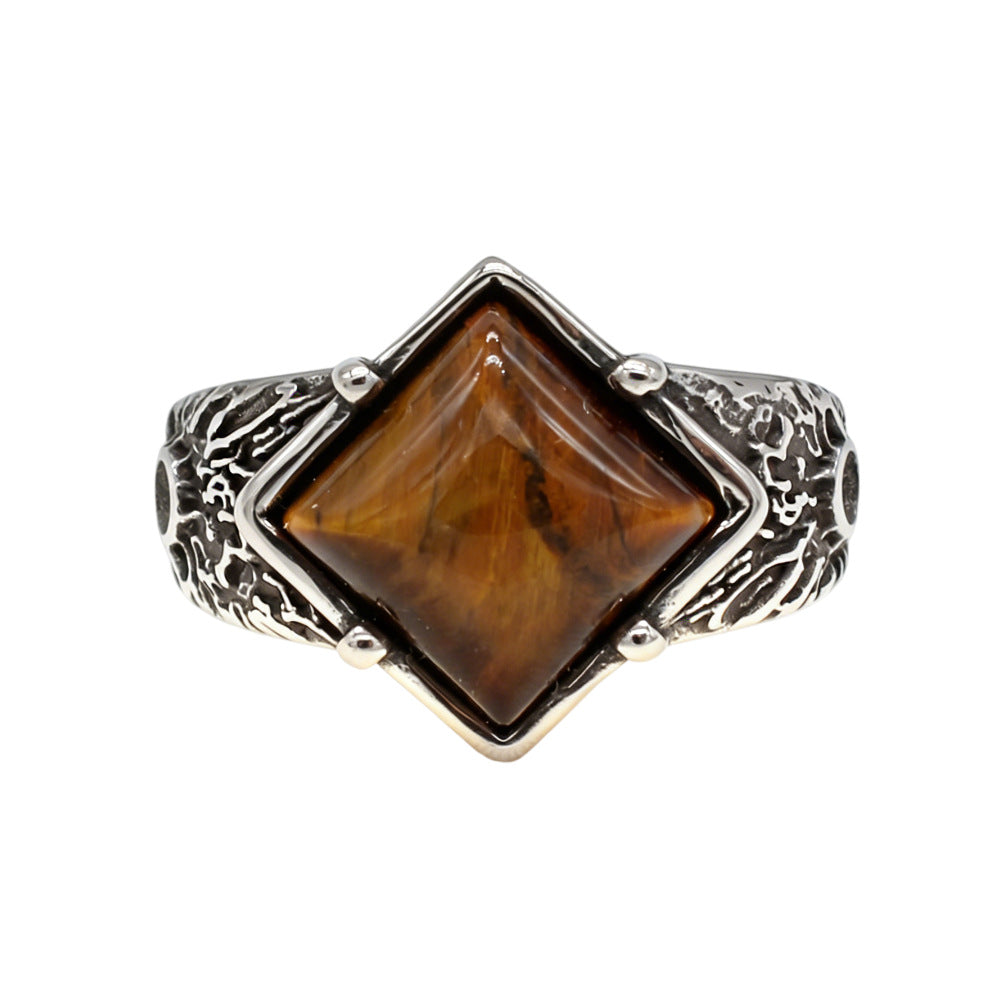 Planderful Stone Inlaid Stainless Steel Ring Unisex Retro