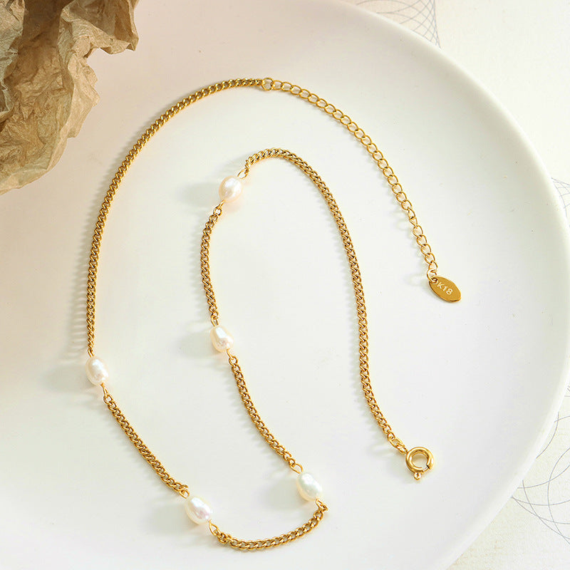 Golden Pearl Flat Chain Necklace with Personalized European Touch