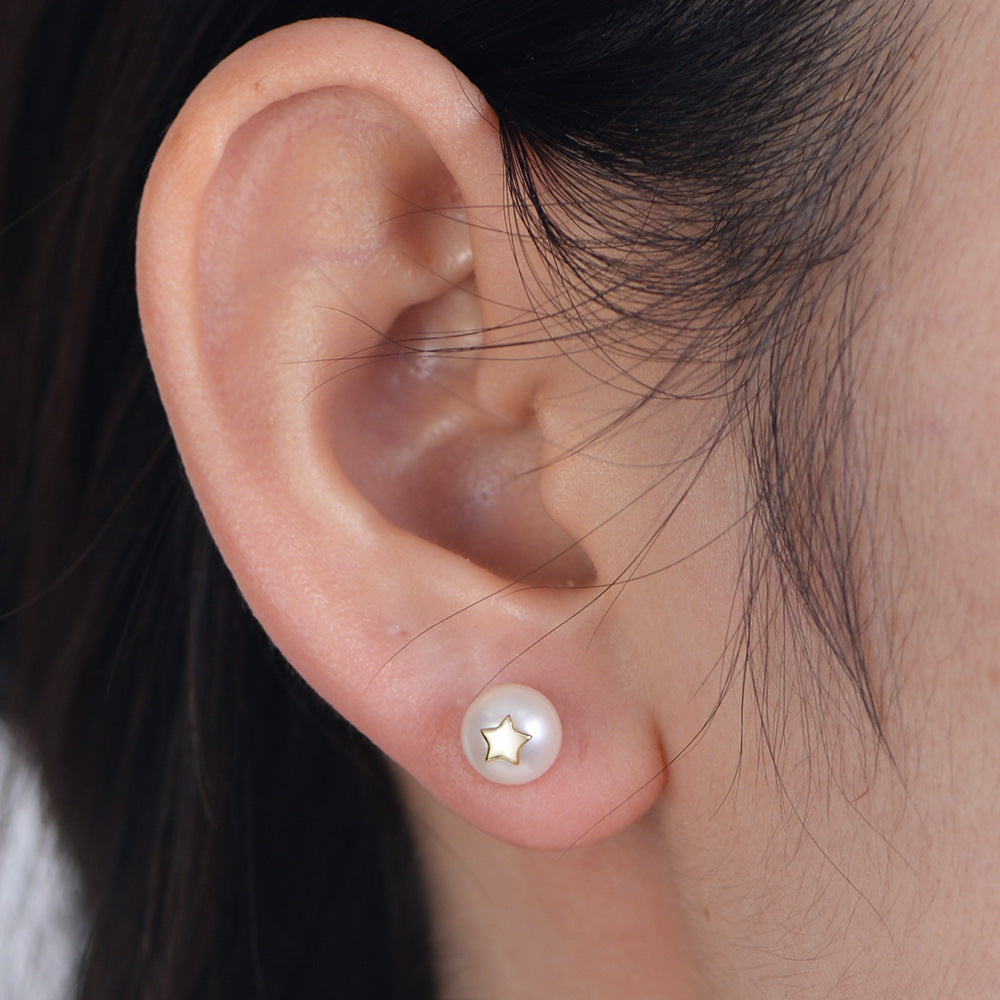 S925 Sterling Silver Pentagram Plug Flower Hat Natural Pearl Stud Earrings French Retro