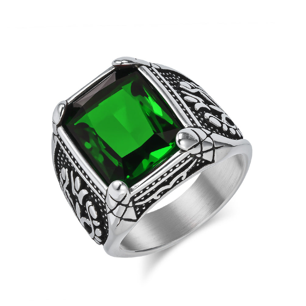 Planderful Everyday Genie Mens Stainless Steel Ring Bold Retro Tulip Inlaid Glass Gem For Men