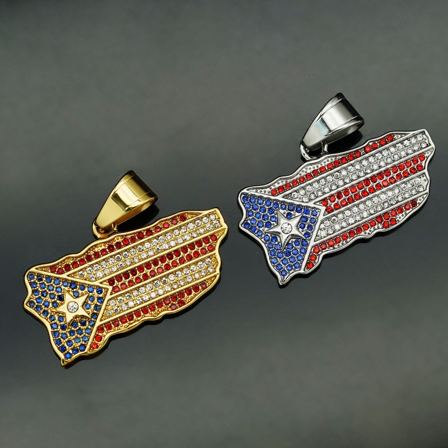 Planderful Hip Hop Puerto Rican Flag Pendant Necklace Stainless Steel Zircon Diamonds Unisex Statement