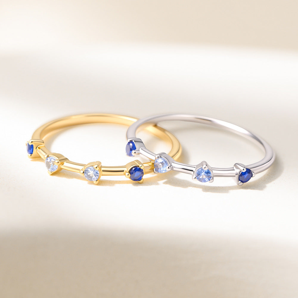 Exquisite, Small, Fresh, Gradual Change, Blue Zircon Sterling Silver Ring, Luxury Stacking Thin