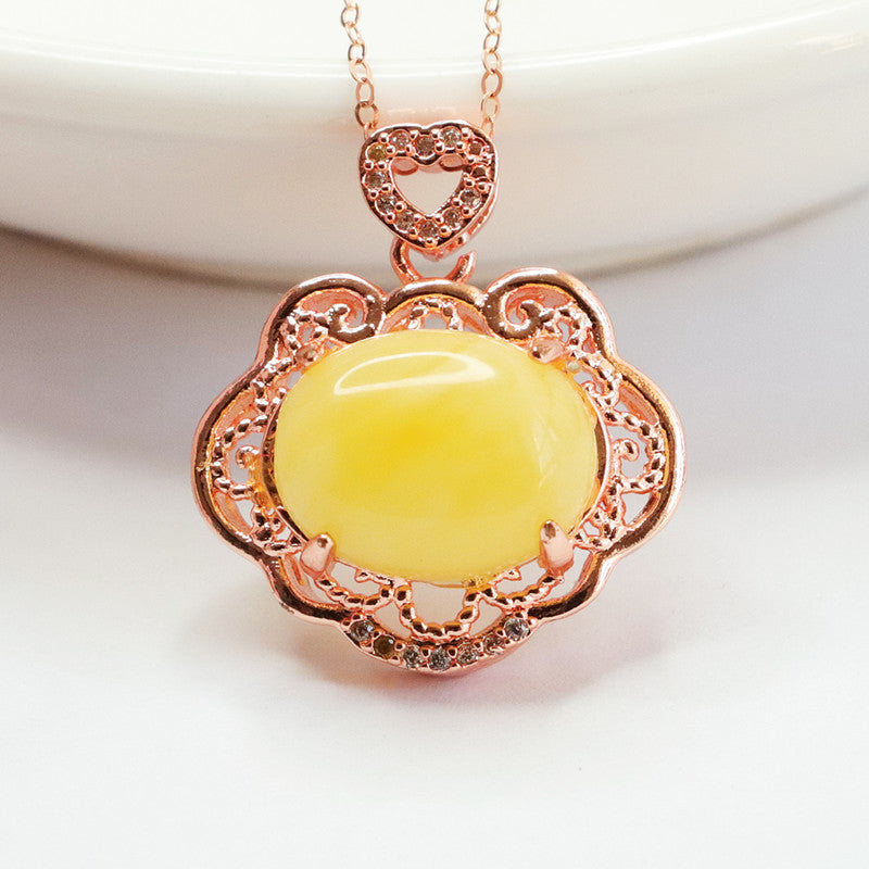 Ruyi Rose Gold Necklace with Sterling Silver Beeswax Amber Pendant