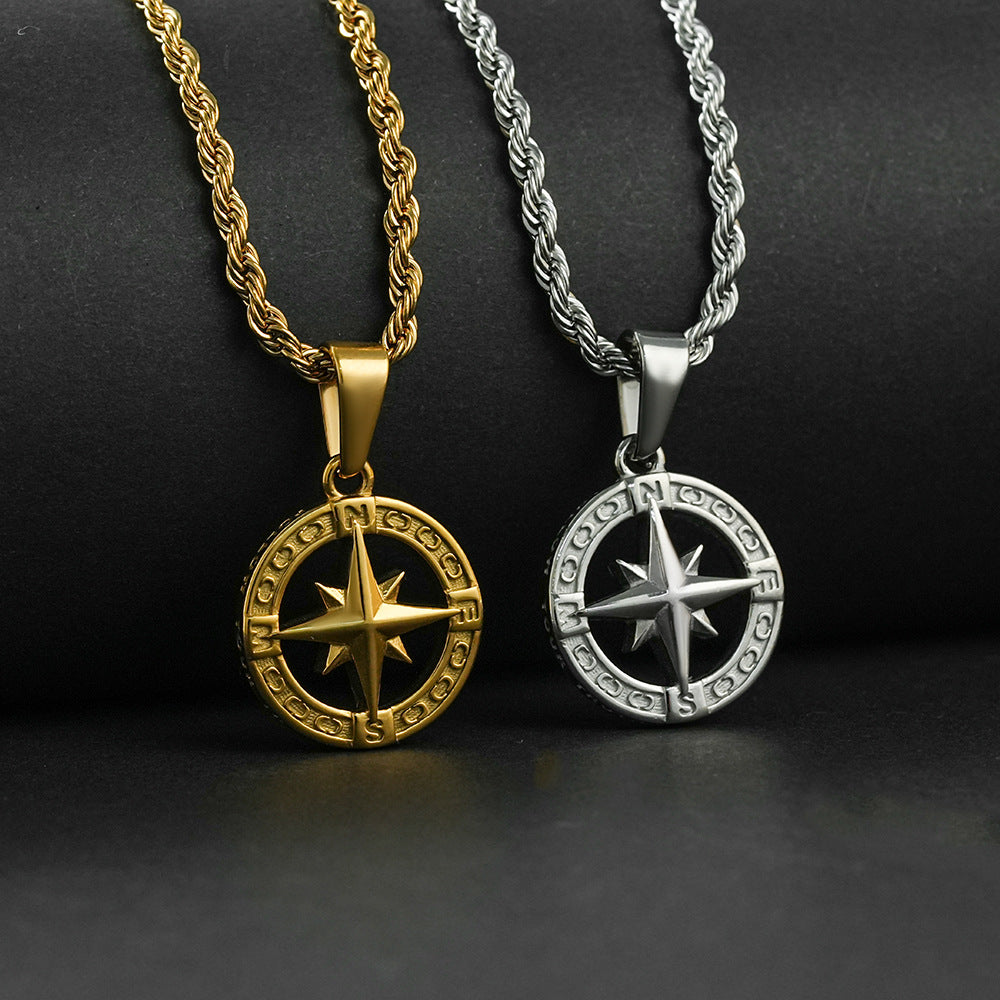 Planderful Collection Stainless Steel Compass Necklace Hollow Round Pendant For Hip Hop Fans Stylish
