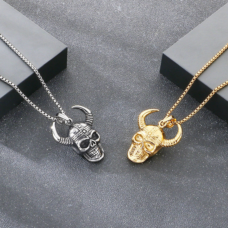 Enjoy The Punk Style Bull Head Pendant, Nordic Viking War Helmet Horn Skull Necklace