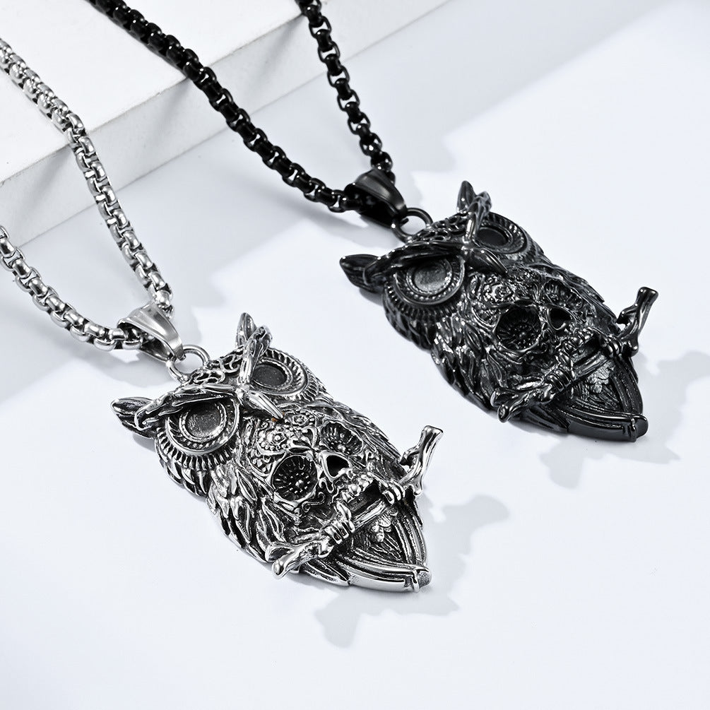 Amazon Dark Wind Owl Skull Stainless Steel Necklace for Men