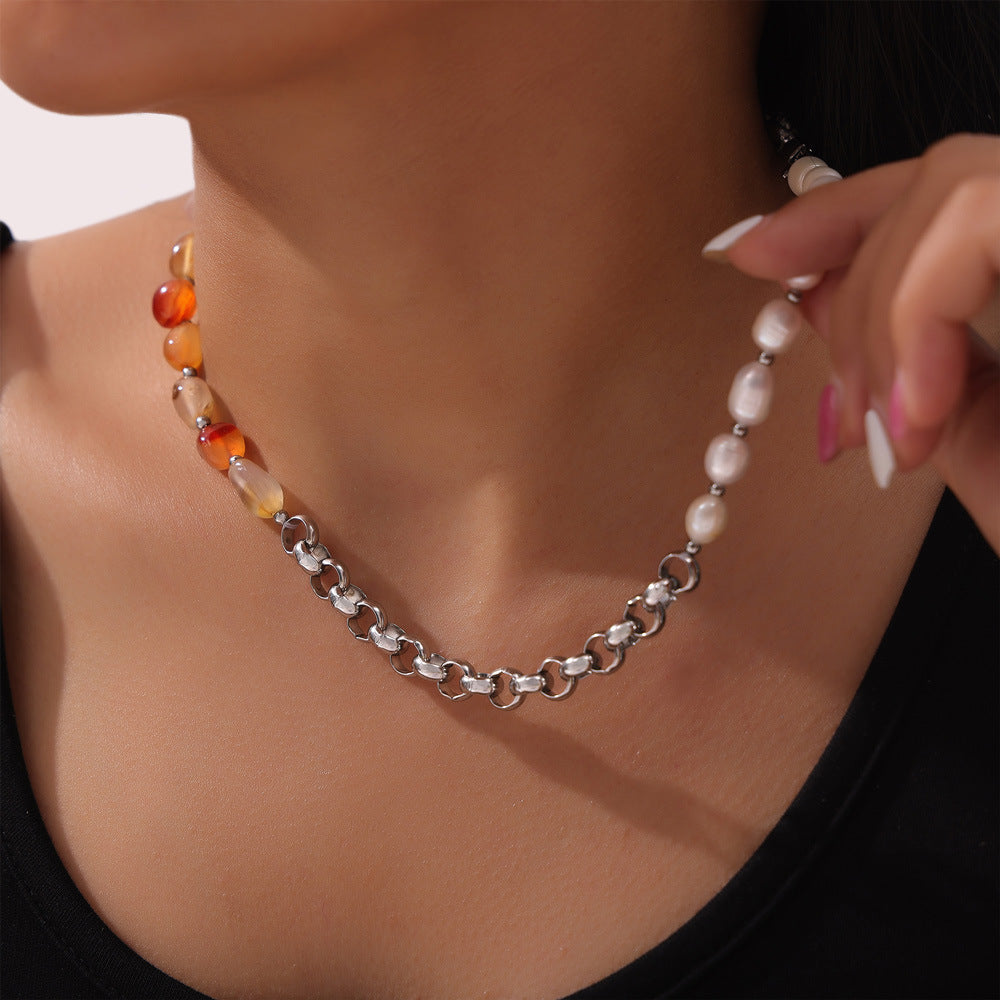 Chic Handcrafted Necklace with Freshwater Pearls and Natural Stones