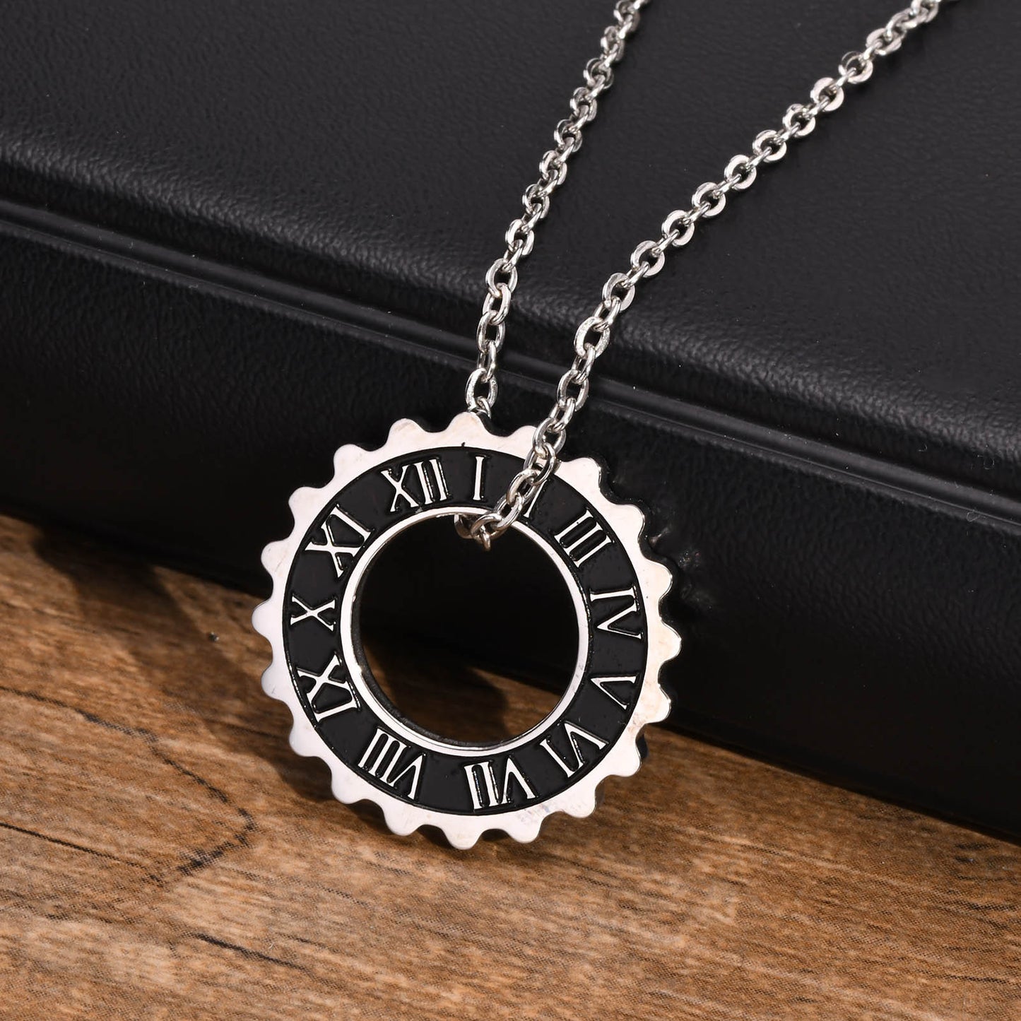 Titanium Steel Pendant Men's Jewelry Roman Numeral Gear Necklace