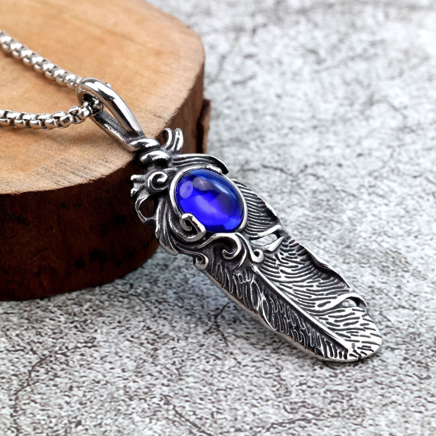 Planderful Pendant For Him European Retro Style Stainless Steel Feather Inlaid Stone Necklace