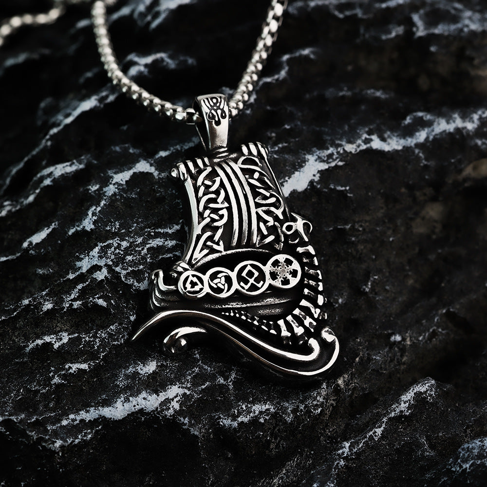 Vintage Stainless Steel Pendant Men's Necklace Viking Ship Rune